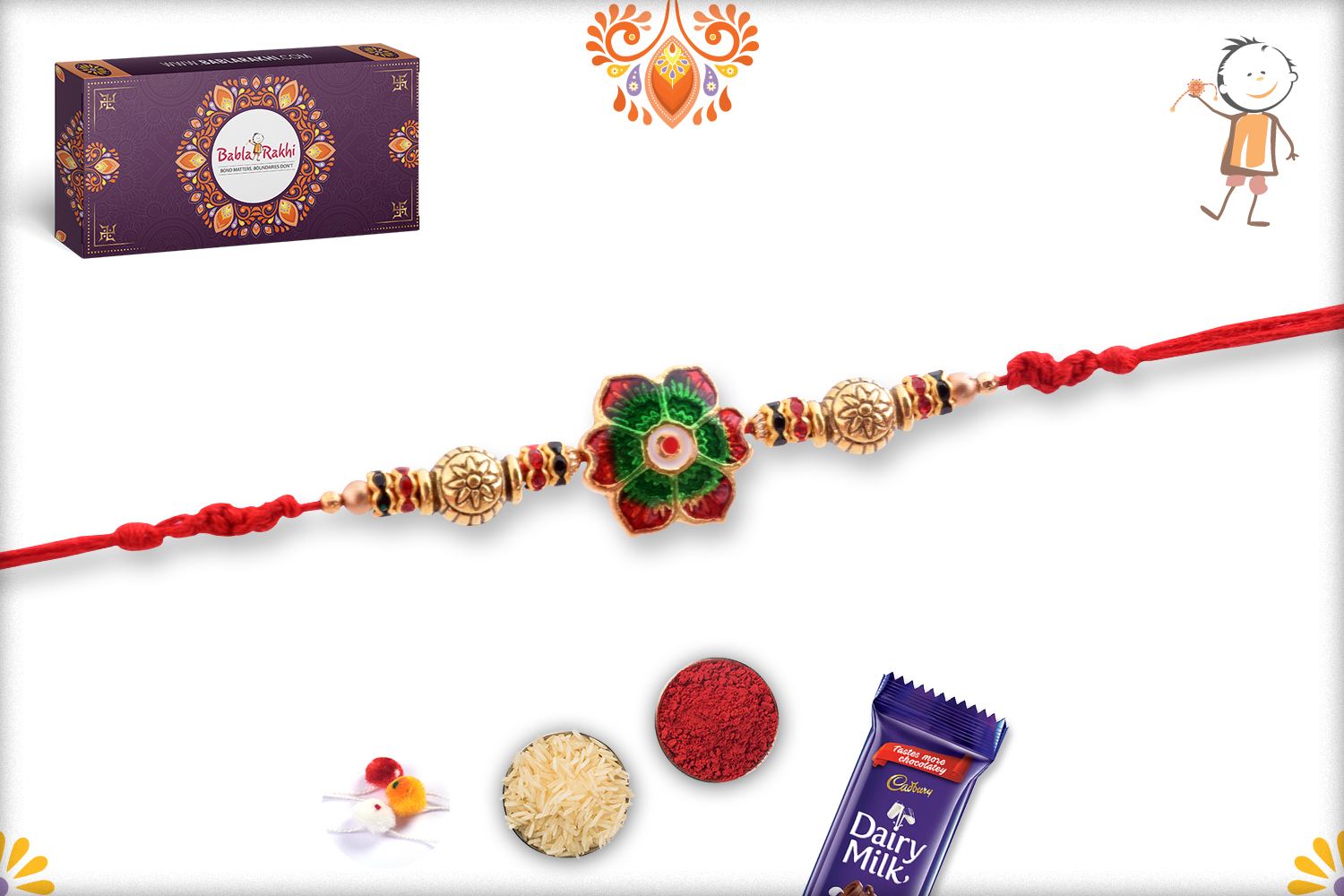 Dual Color Flower With Red Thread Rakhi 3