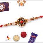 Exclusive Designer Golden Rakhi With Flower Of White Pearls