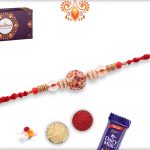 Antique Metalic Design With White Pearl Rakhi And Red Thread 7