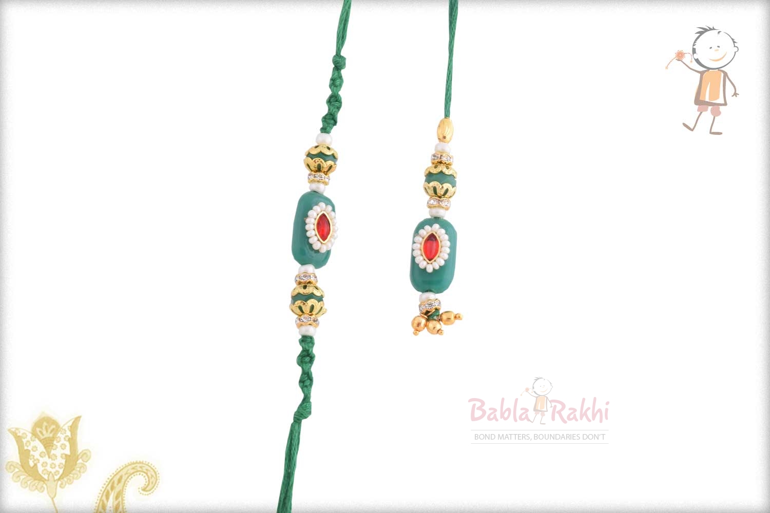 Exclusive Green Bhaiya Bhabhi Rakhi with Kundan and Pearls 1