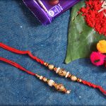 Shiny Golden Designer Pearl With Red Thread Bhaiya Bhabhi Rakhi 3