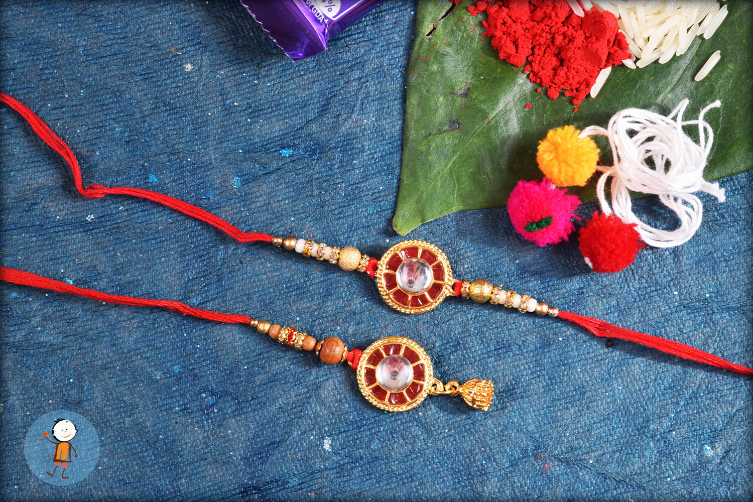 Royal Red With Silver Stone and Golden Design Bhaiya Bhabhi Rakhi 1