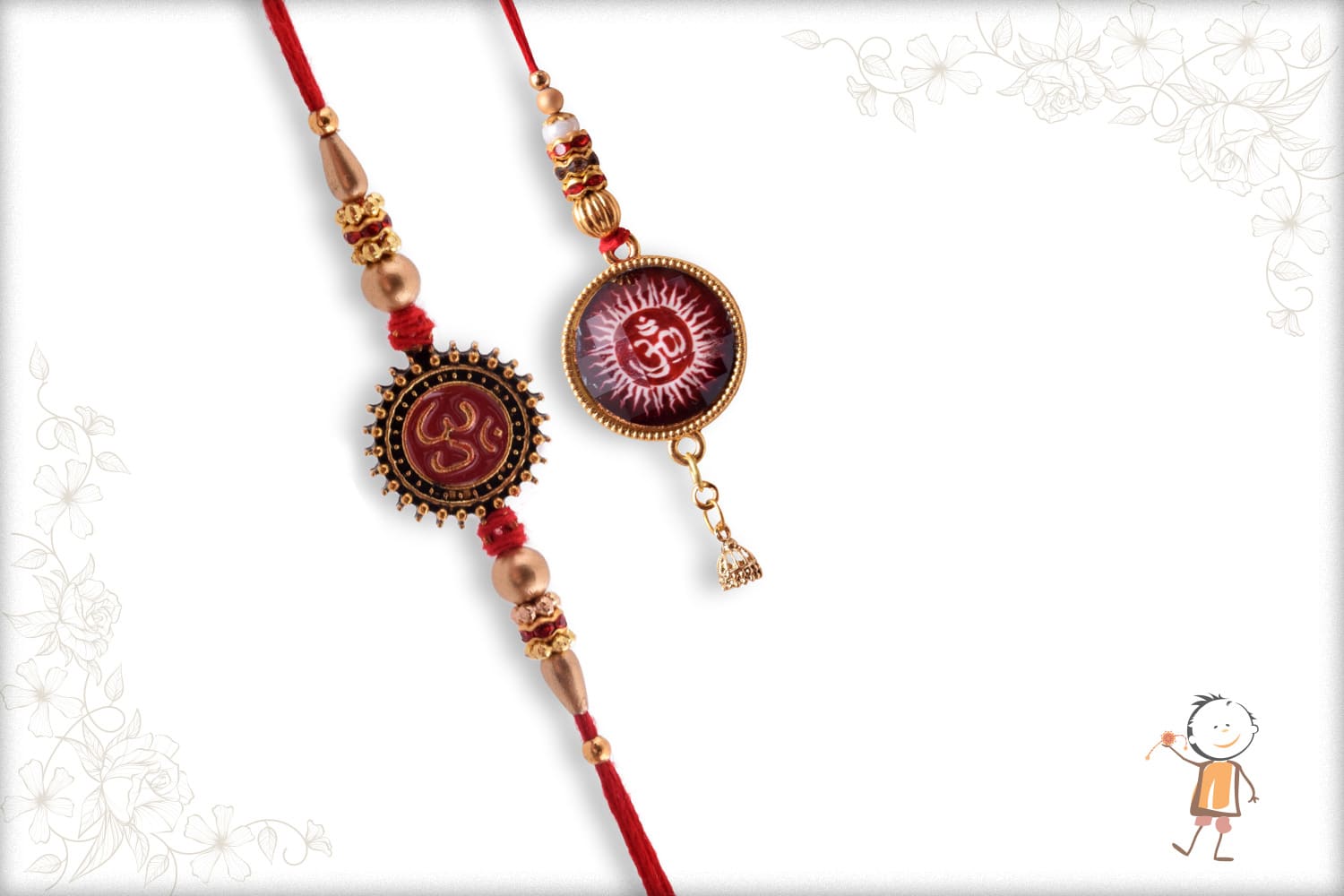 Handcrafted Spiritual OM Bhaiya-Bhabhi Rakhi with Golden Beads + Babla Rakhi
