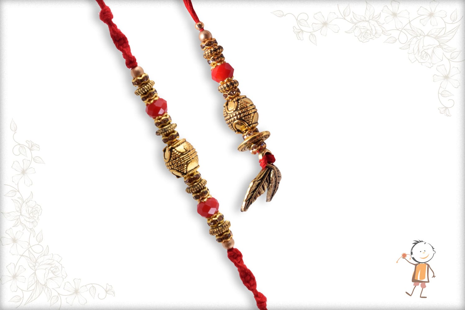 Traditional Golden Bhaiya-Bhabhi Rakhi with Red Beads - Babla Rakhi