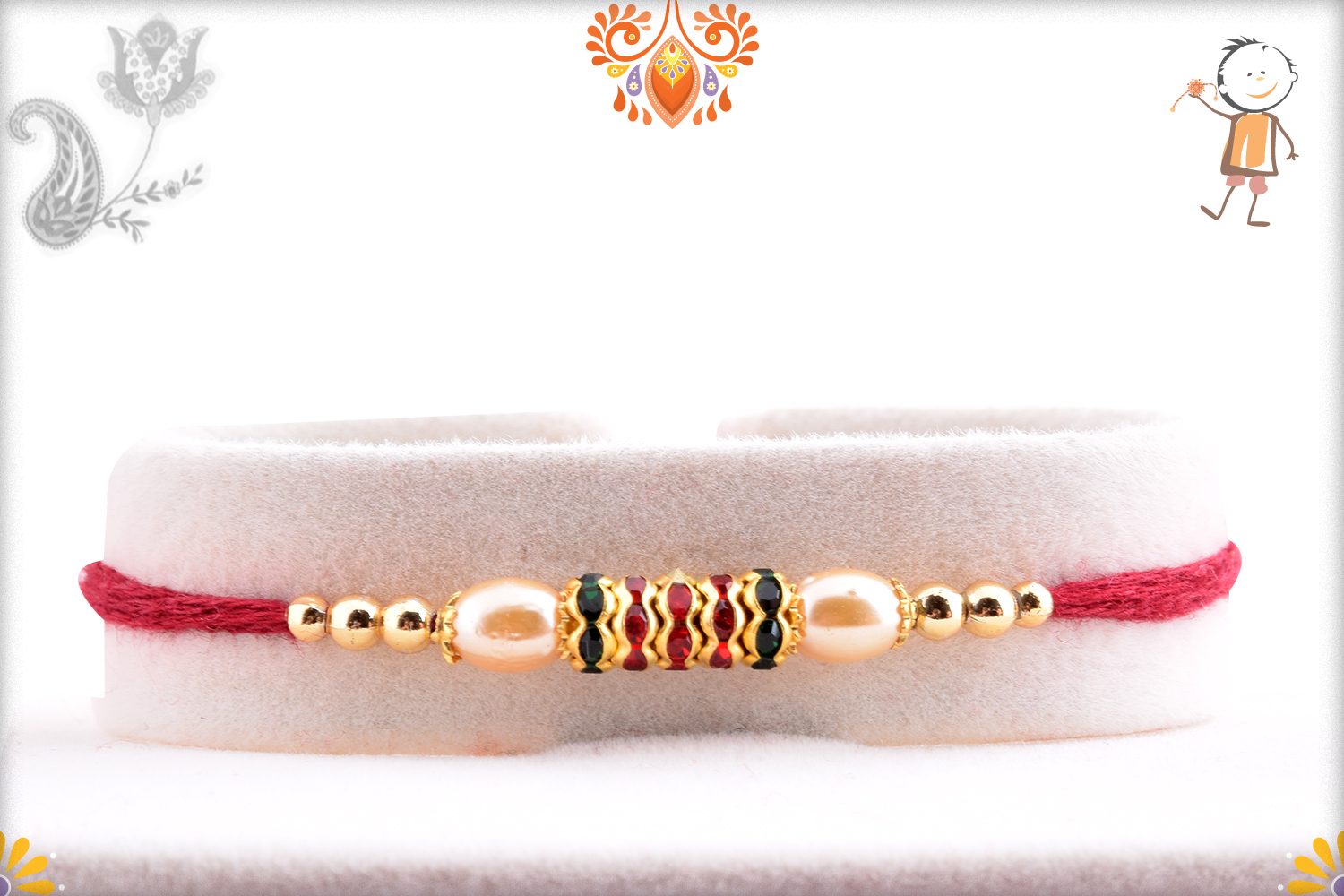 Royal Combination Of Gold And White Pearl Beads Rakhi 1