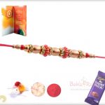 Beautiful Pink Pearl Ring with Oval Golden Beads Rakhi 4