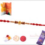 Designer Golden Beads Rakhi with Red Diamond Rings 4