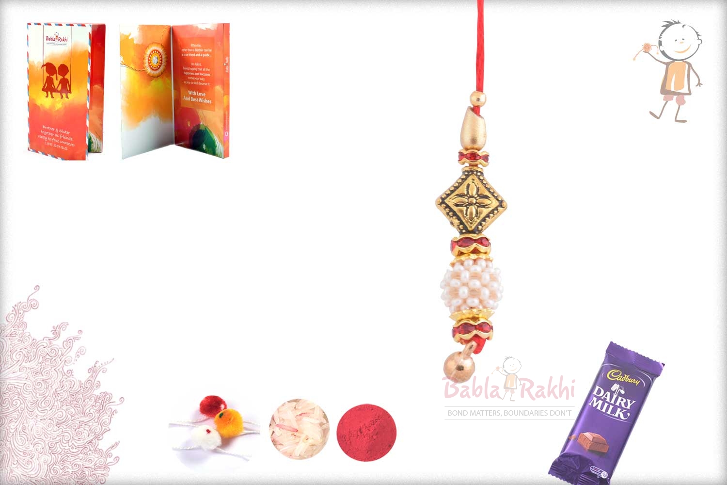 Designer Golden Beads with Pearl Bhabhi Rakhi 1