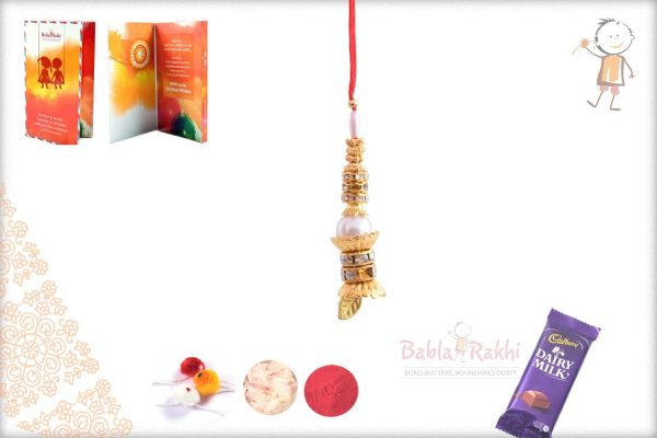 Delicate Pearl Bhabhi Rakhi with Golden Leaf