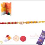 Designer Red-Yellow Beads Rakhi with Pearl Ring 6
