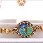 Antique Metalique Finish Peacock Rakhi With White Beads 5