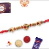 Enchanting Golden Finishing With Metalique Design And Red Thread Rakhi 7