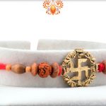 Beautiful Cmbination Of Golden Swastik, Rudraksha and Wooden Beads Rakhi 6