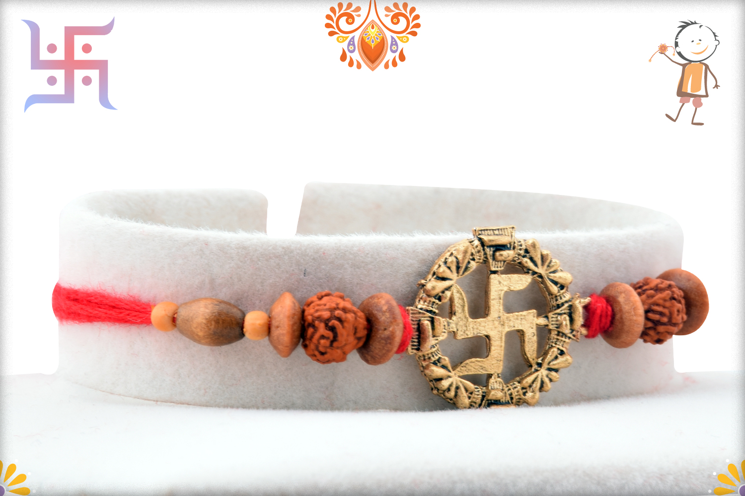 Beautiful Cmbination Of Golden Swastik, Rudraksha and Wooden Beads Rakhi 2