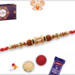 Enchanting Combination of Golden Design With White Beads In Center And Rudraksha Rakhi 7