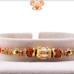 Enchanting Combination of Golden Design With White Beads In Center And Rudraksha Rakhi 5
