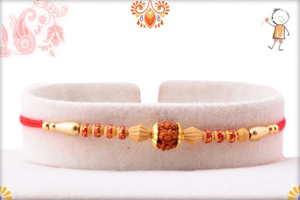 Beautiful Combination Of Rudraksha,Wooden Beads and Golden Design Rakhi