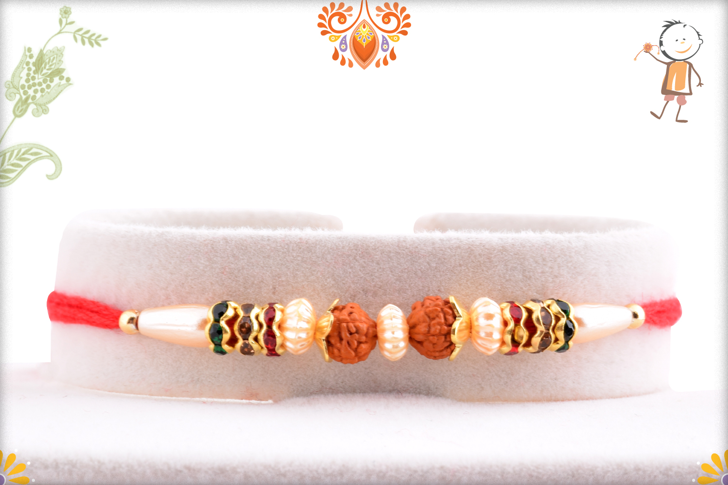 Stunning Dual Rudraksha Rakhi With White Pearls And Golden Design 1