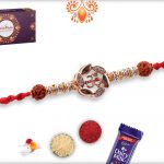 Dazzling Combination Of Golden Flower With Om In Center And Rudraksha Rakhi 7