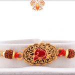 Antique Metal Base Golden Designer Rakhi With Rudraksha 6