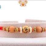 Unique Golden Beads With Om In center And Wooden Beads Rakhi 4