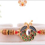 Enchanting Metalique Dual Peacock Rakhi With Wooden Beads 5