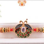 Enchanting Metalique Dual Peacock Rakhi With Wooden Beads 4
