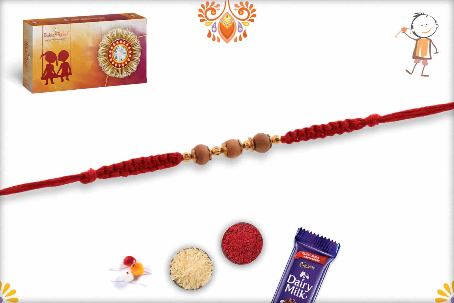 Uniquely Knotted 3 Sandalwood Beads Rakhi with Golden Beads - Babla Rakhi