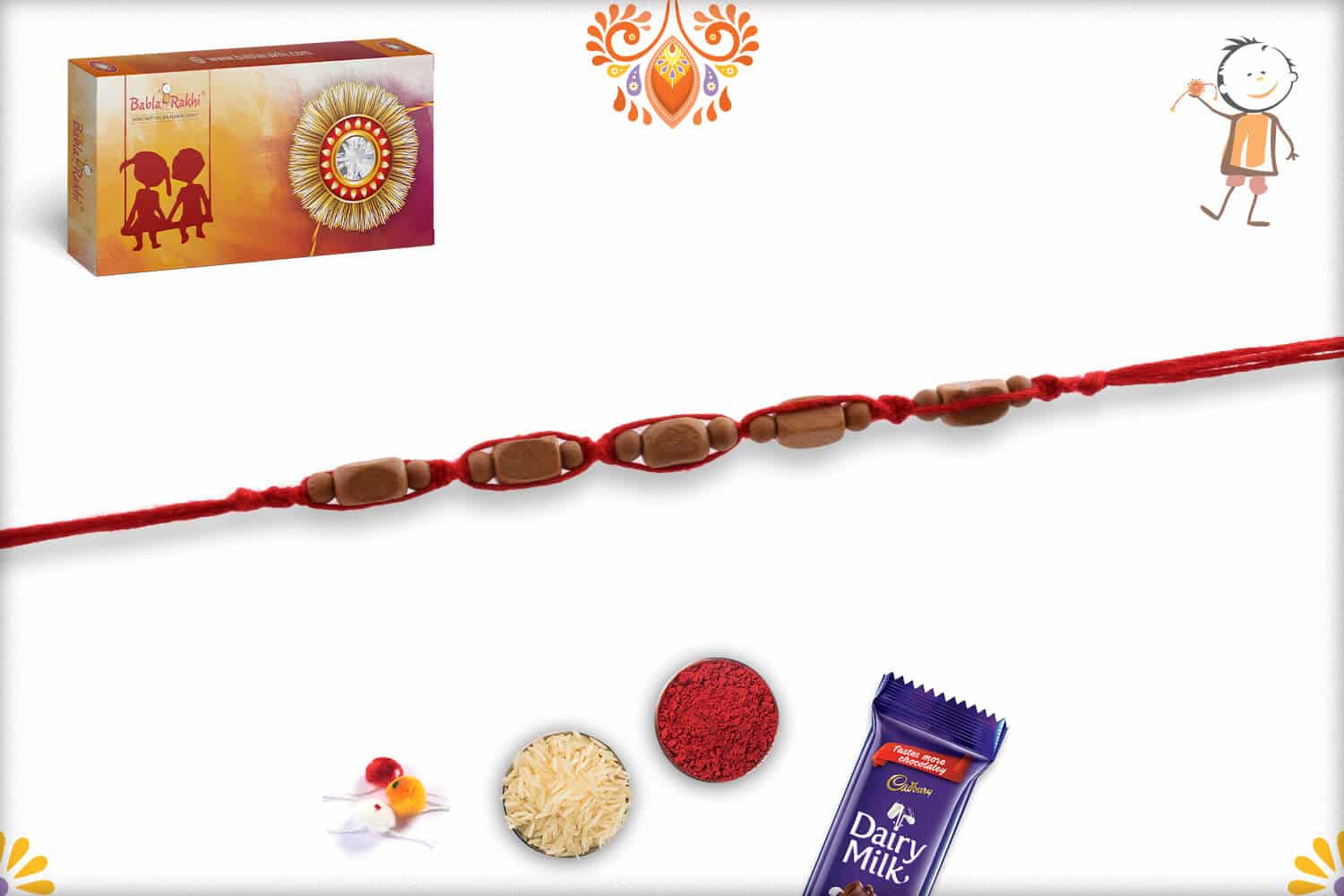 Uniquely Knotted Rectangle Sandalwood Beads Rakhi - Babla Rakhi