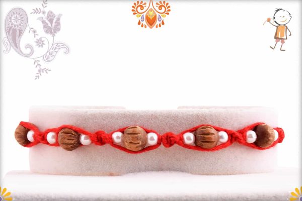 Uniquely Knotted 5 Sandalwood Beads Rakhi with Pearls - Babla Rakhi