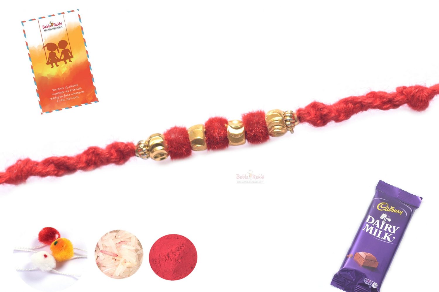 Beautiful Red Velvet Rakhi with Golden Beads