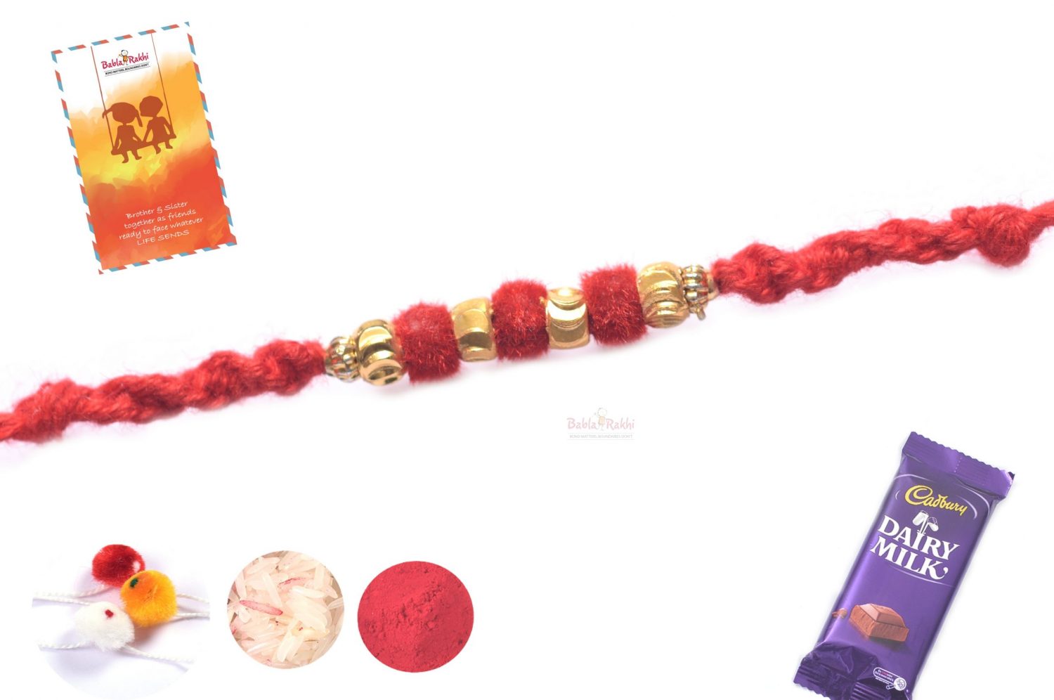 Beautiful Red Velvet Rakhi with Golden Beads 1