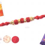 Beautiful Red Velvet Rakhi with Golden Beads 3