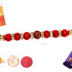 Red Velvet Beads with Rudraksh Diamond Rings Rakhi 3