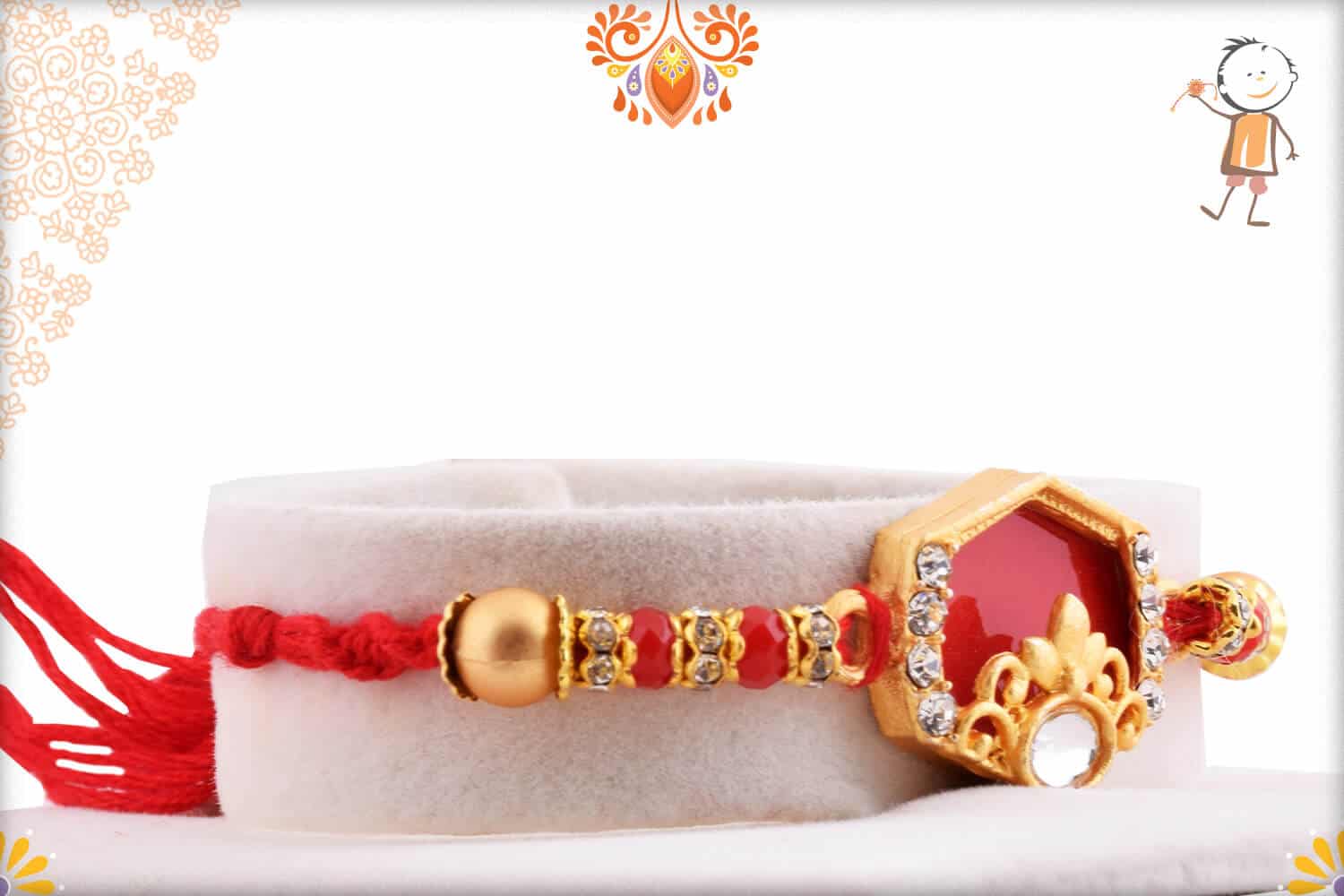 Designer Hexagon Red Rakhi with Golden Beads | Send Rakhi Gifts Online 2