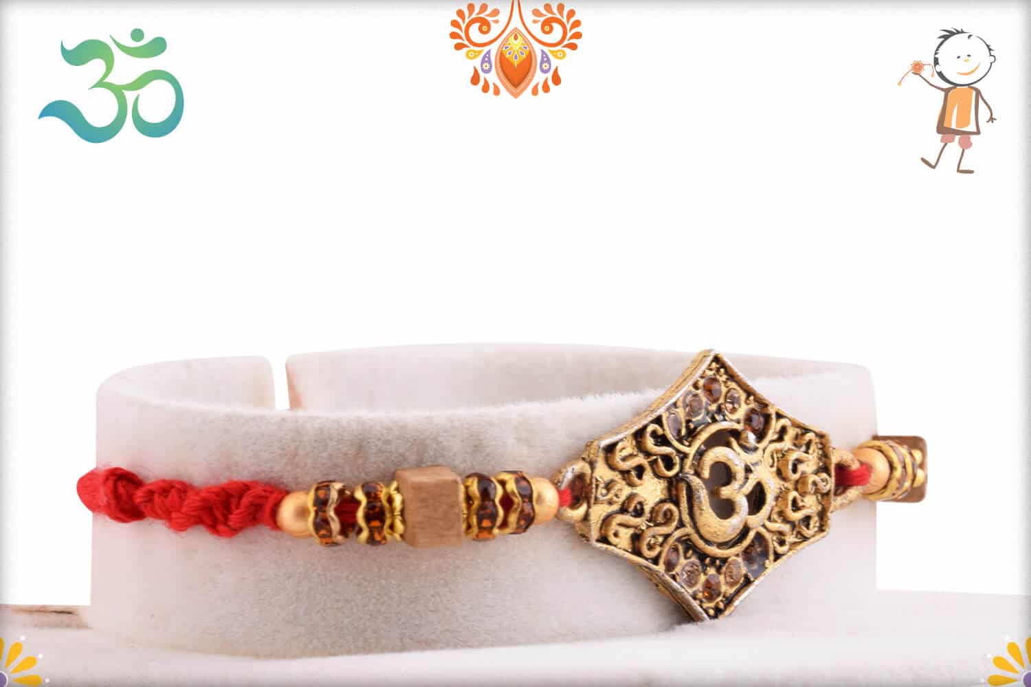Auspicious OM Diamond Rakhi with Square Sandalwood Beads | Send Rakhi Gifts Online 2