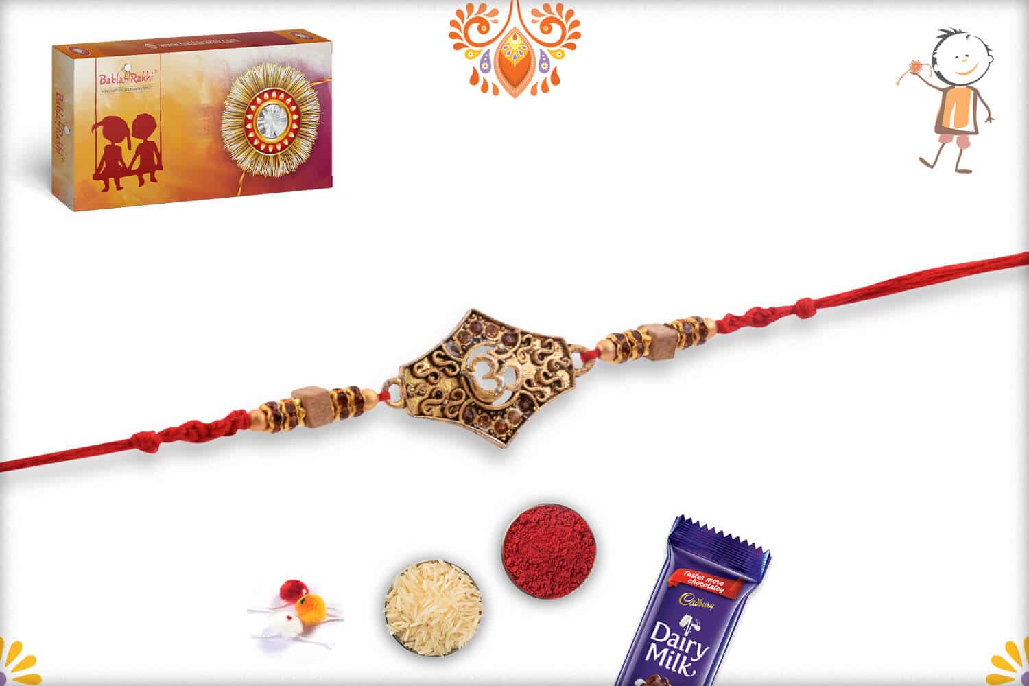 Auspicious OM Diamond Rakhi with Square Sandalwood Beads | Send Rakhi Gifts Online 3