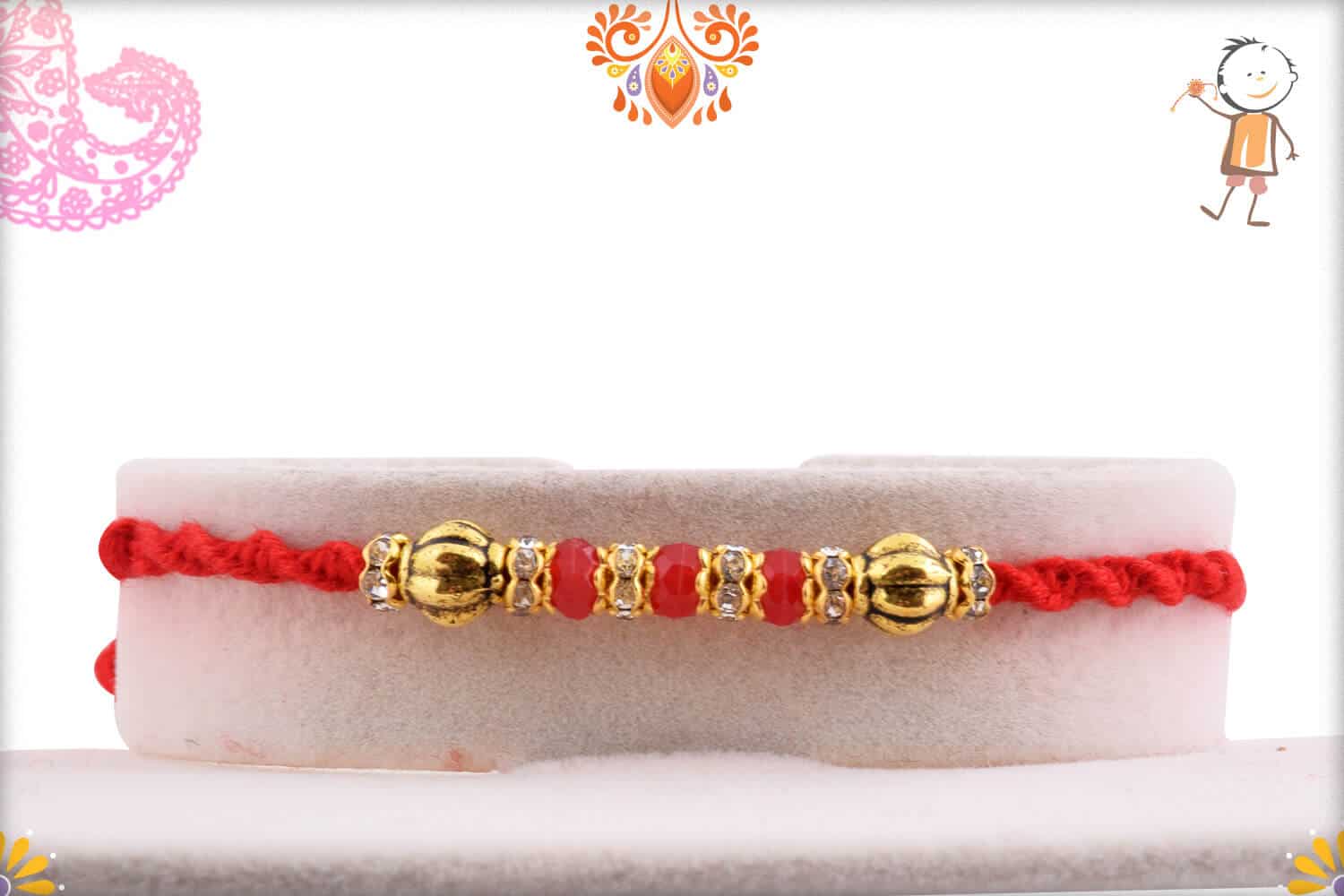 Red Bead Diamond Rakhi with Golden Beads | Send Rakhi Gifts Online 1