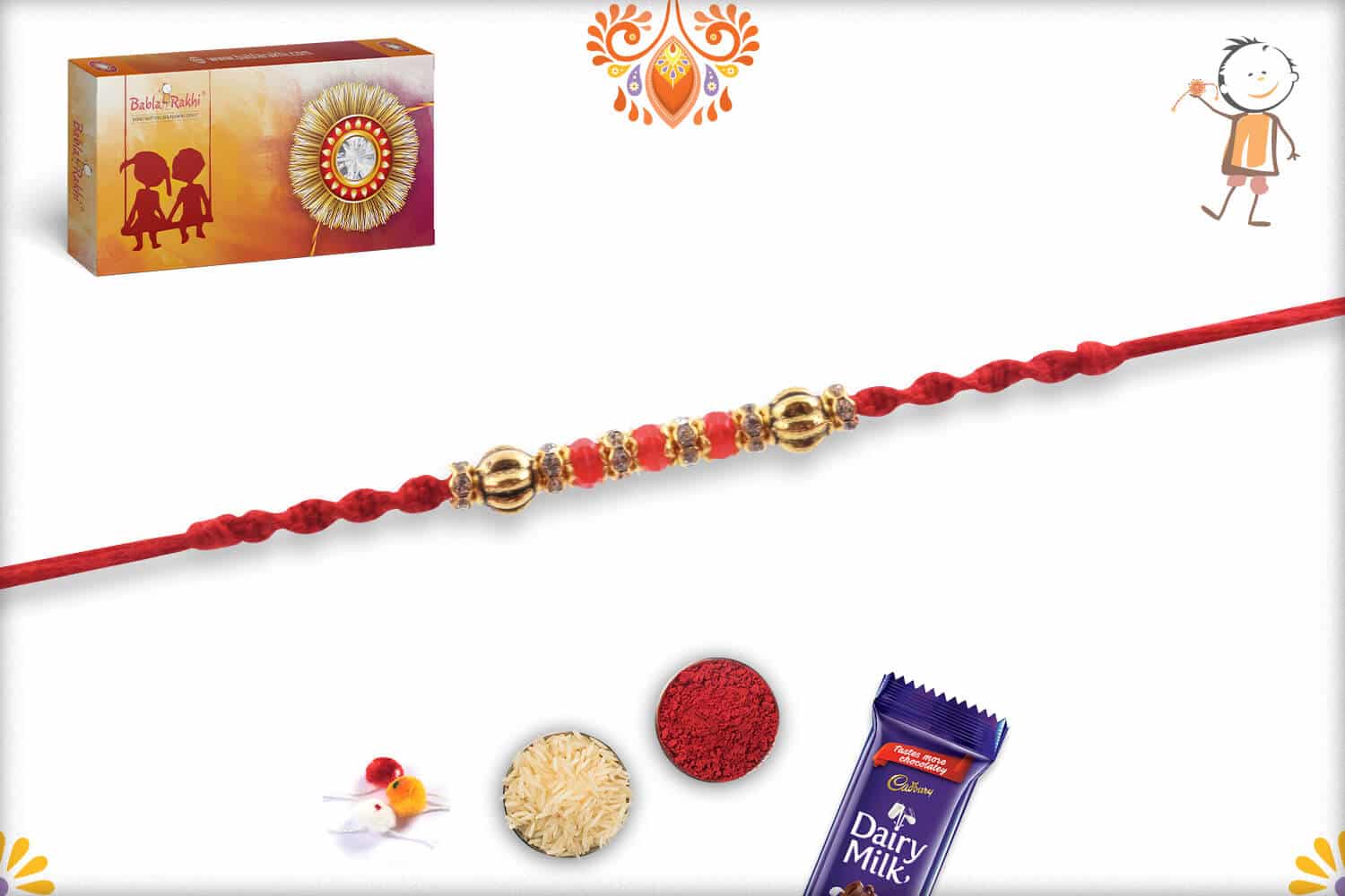 Red Bead Diamond Rakhi with Golden Beads | Send Rakhi Gifts Online 2