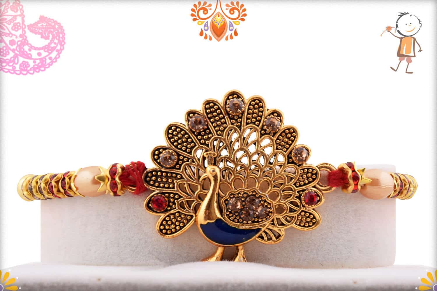 Beautiful Peacock Rakhi with Diamonds and Pearls | Send Rakhi Gifts Online 1