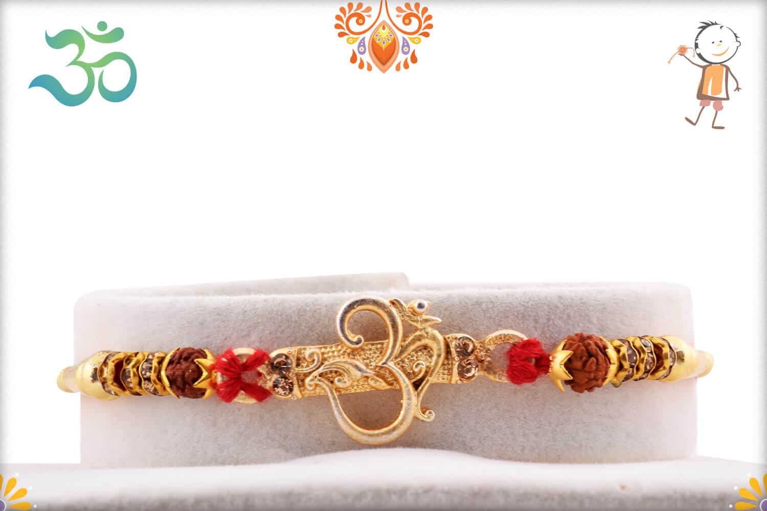 Aspicious Golden OM Rakhi with Rudraksh and Golden Beads | Send Rakhi Gifts Online 1
