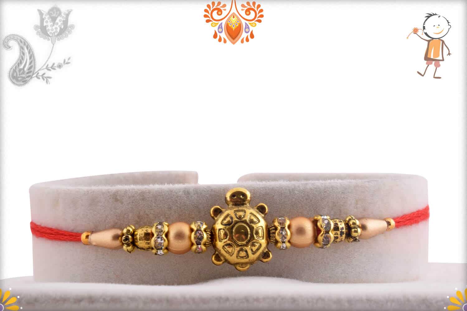 Aspicious Golden Tortoise Rakhi with Beads | Send Rakhi Gifts Online 1