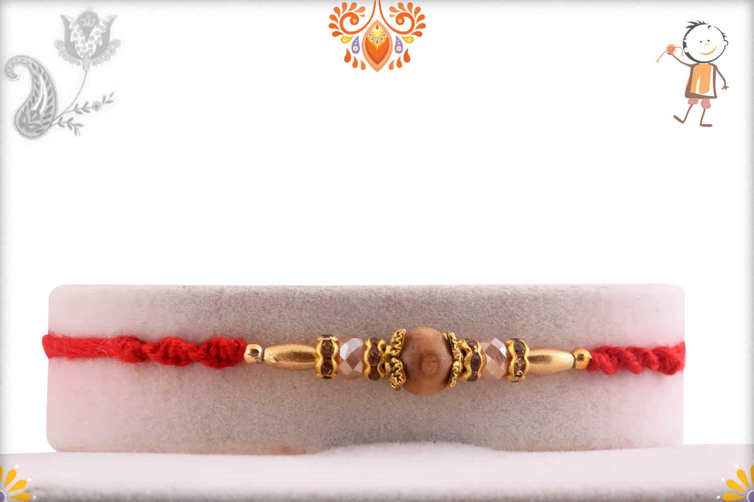 Handcrafted Sandalwood Beads Rakhi with Golden Beads | Send Rakhi Gifts Online 1