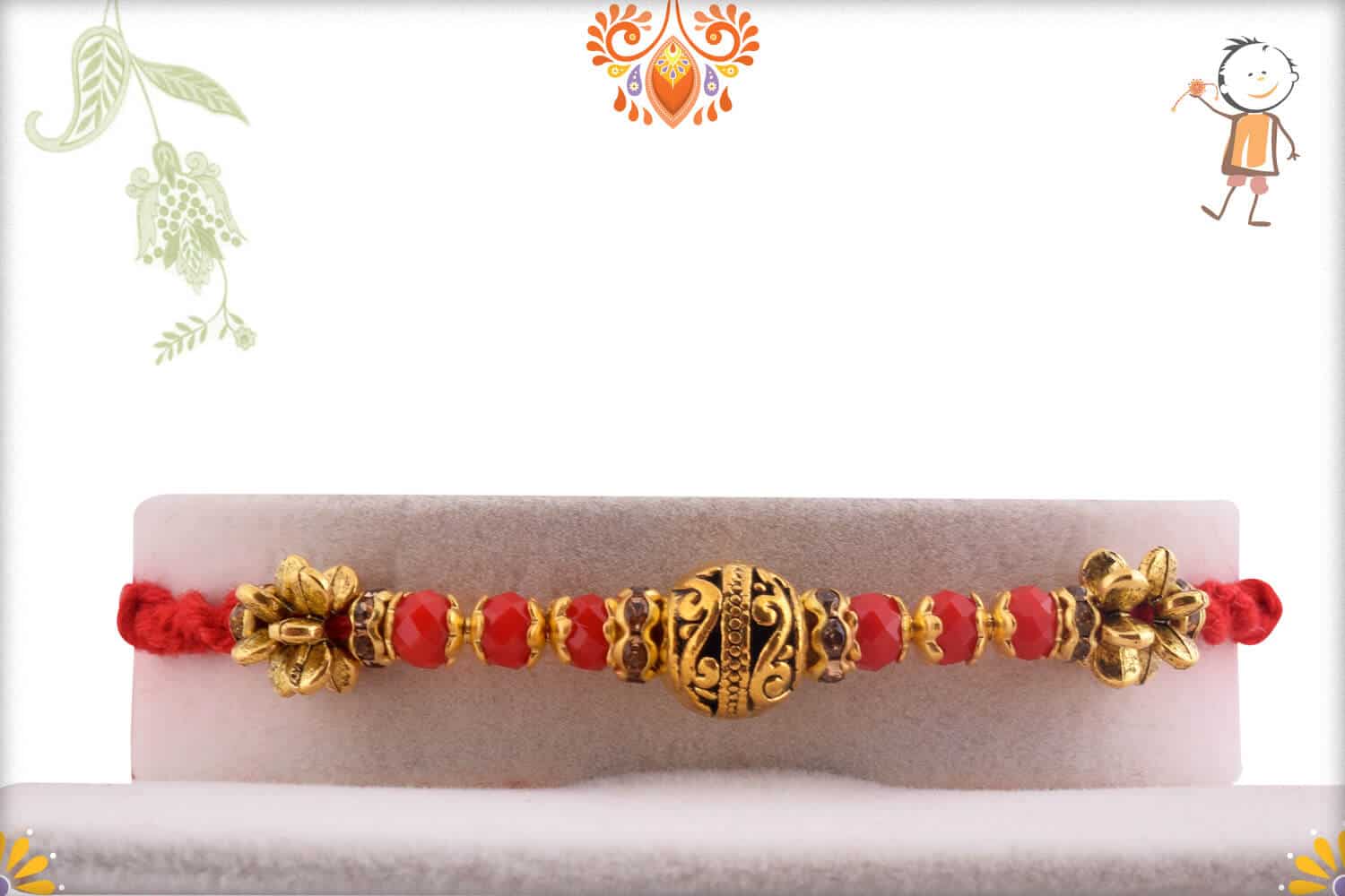 Antique Golden Bead Rakhi with Red Stone Beads | Send Rakhi Gifts Online 1