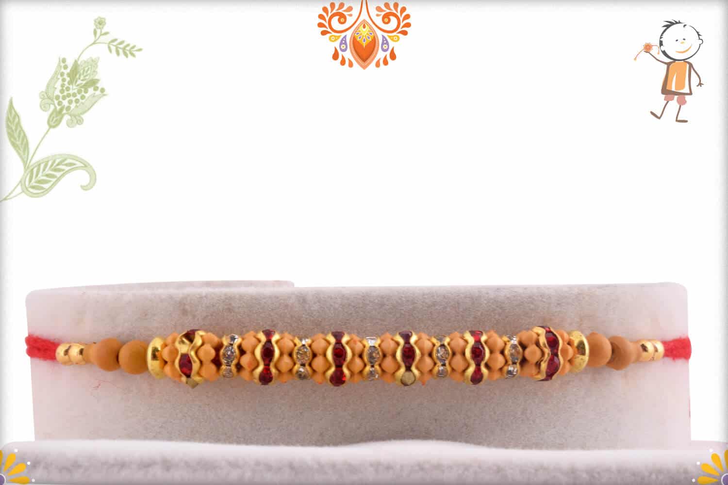 Simple Red Diamond Rings Rakhi wth Golden Beads | Send Rakhi Gifts Online 1