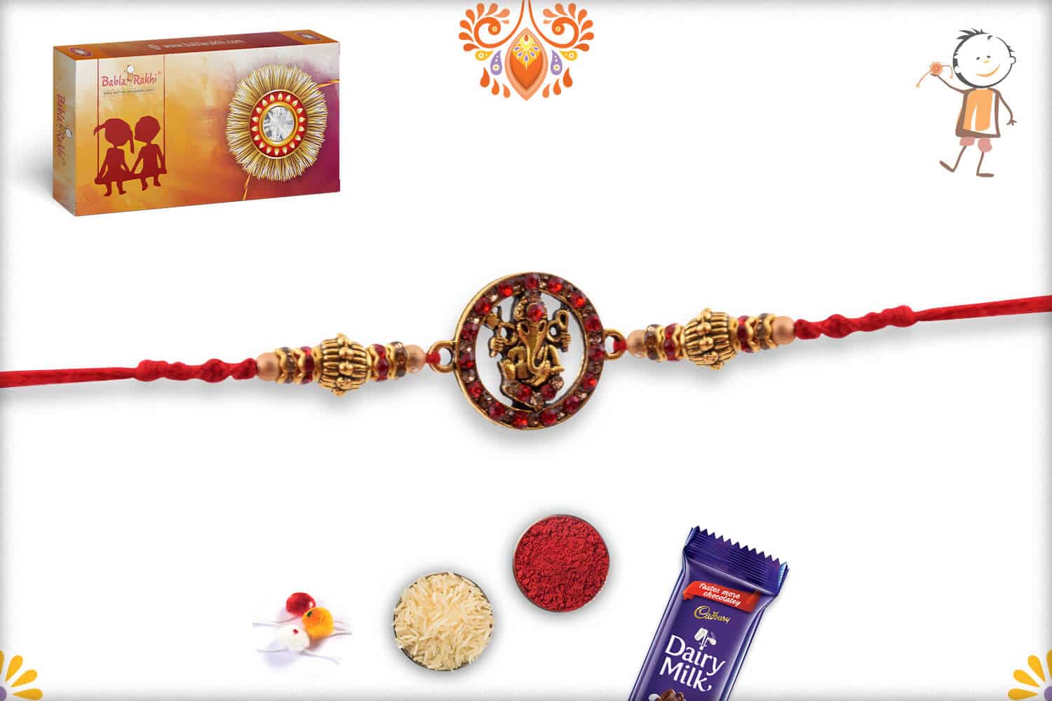 Golden Blessing Ganpati Rakhi with Red Diamonds | Send Rakhi Gifts Online 2