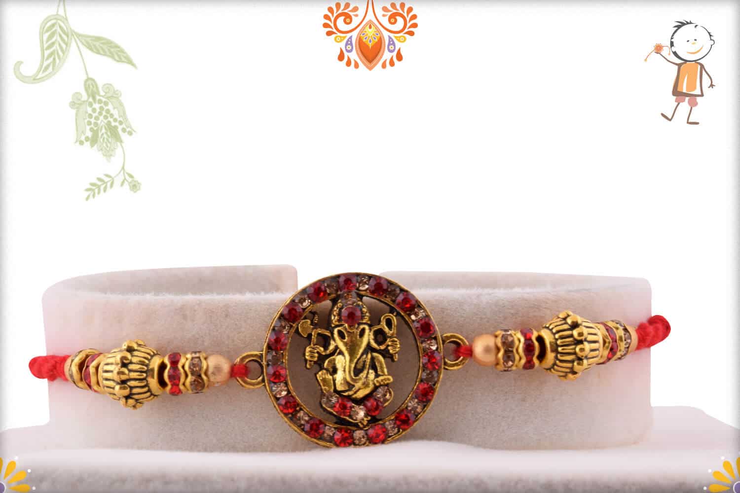 Golden Blessing Ganpati Rakhi with Red Diamonds | Send Rakhi Gifts Online 1