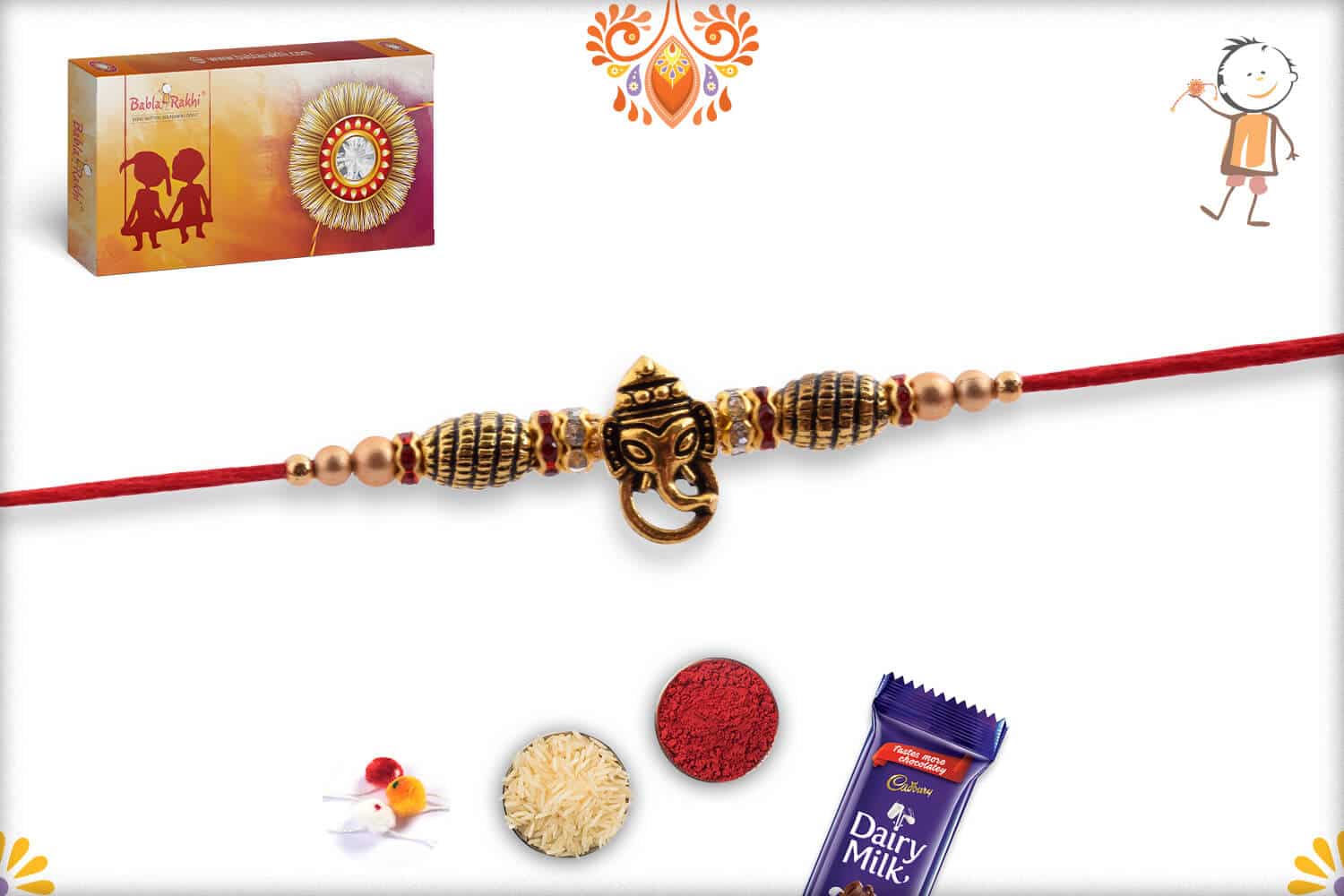 Antique Ganesh Rakhi with Designer Golden Beads | Send Rakhi Gifts Online 2