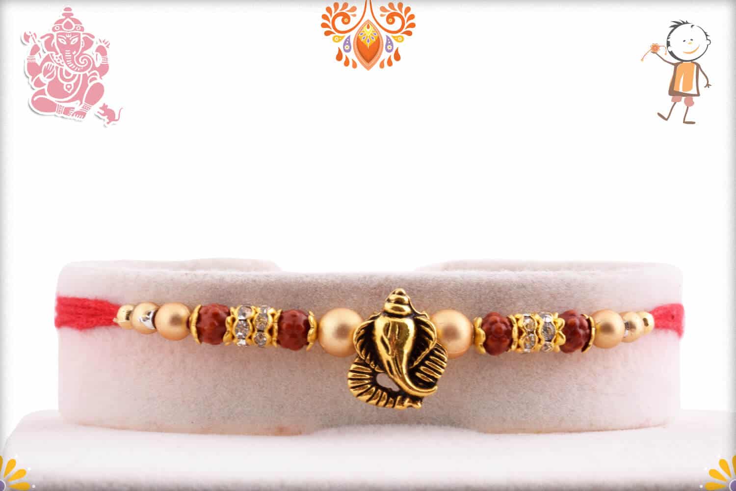 Antique Ganpati Rakhi with Golden Beads and Diamonds | Send Rakhi Gifts Online 1