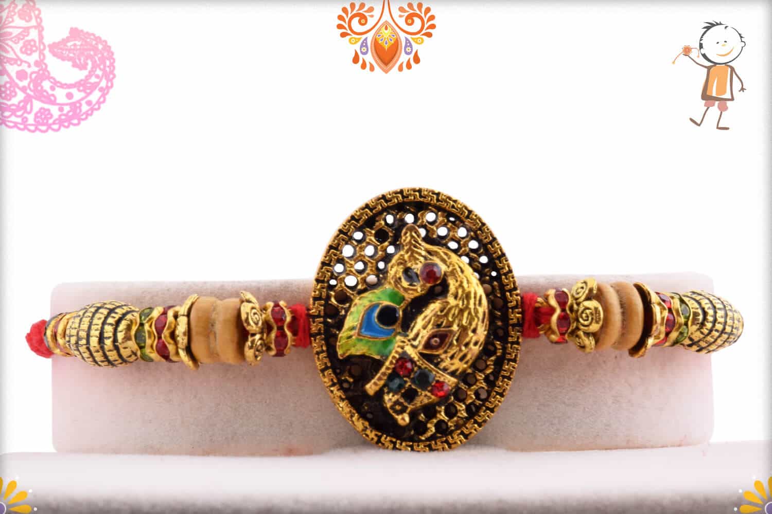 Antique Peacock Rakhi with Sandalwood Beads | Send Rakhi Gifts Online 1